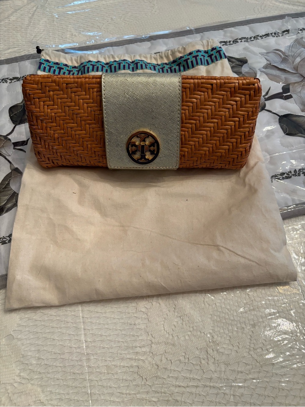 Vintage Tory Burch Woven Basket Clutch with Metallic Center